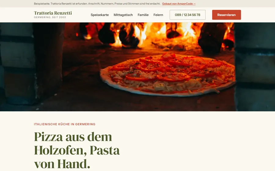 Die Beispielseite der Trattoria Renzetti am Rechner: Pizza im Holzofen, Überschrift mit Serifen in Olivgrün