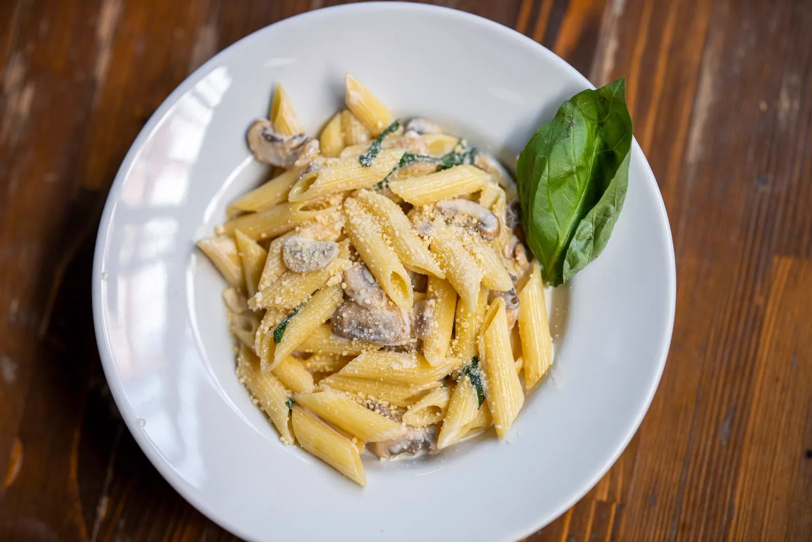 Teller mit Penne, Pilzen, Parmesan und Basilikum auf einem Holztisch