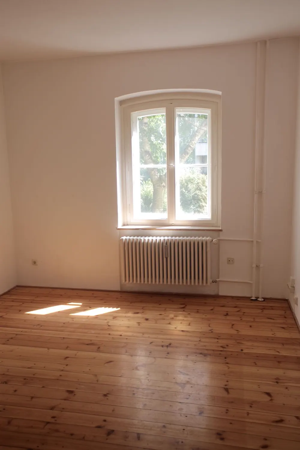 Leeres Altbauzimmer mit frisch gestrichenen hellen Wänden, Sprossenfenster und Dielenboden